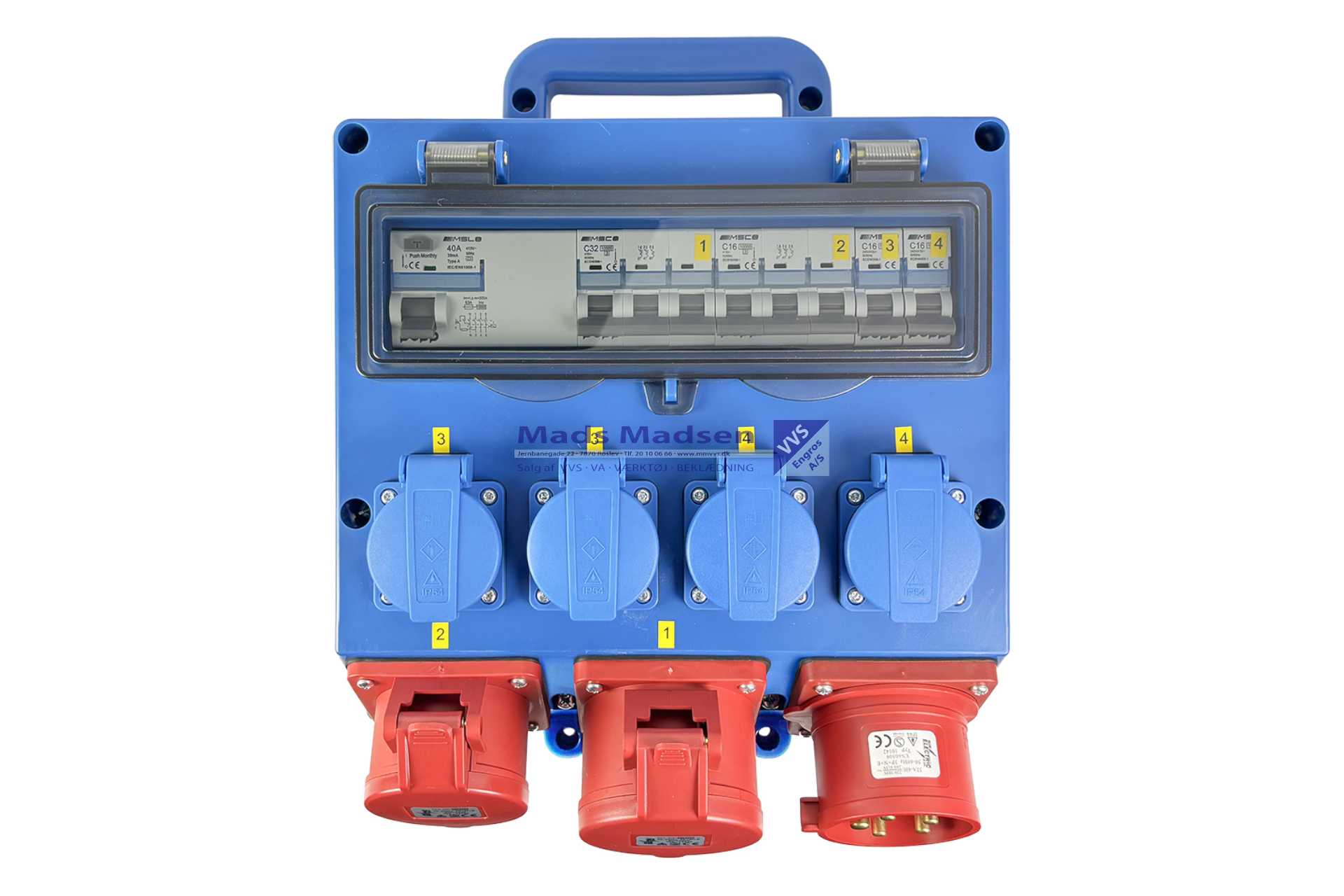 Blue Electric Byggepladstavle 32 Amp. 6 udtag 4 x 230V + 2 x 400V *NETTOPRIS*